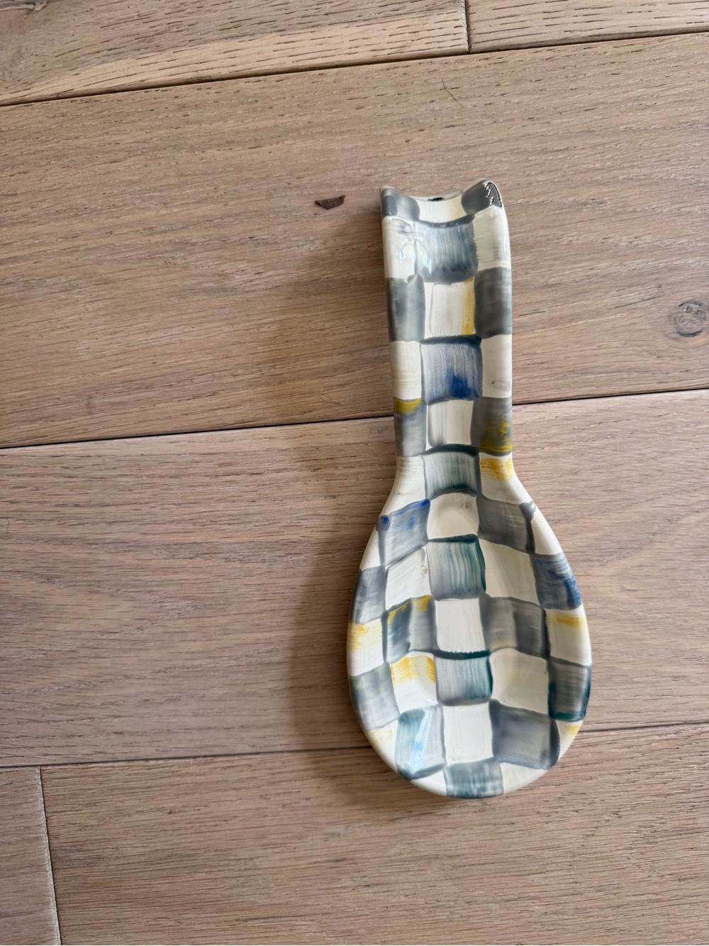 MacKenzie-Childs Checkered Ceramic Spoon Rest in Blue, Yellow, Cream